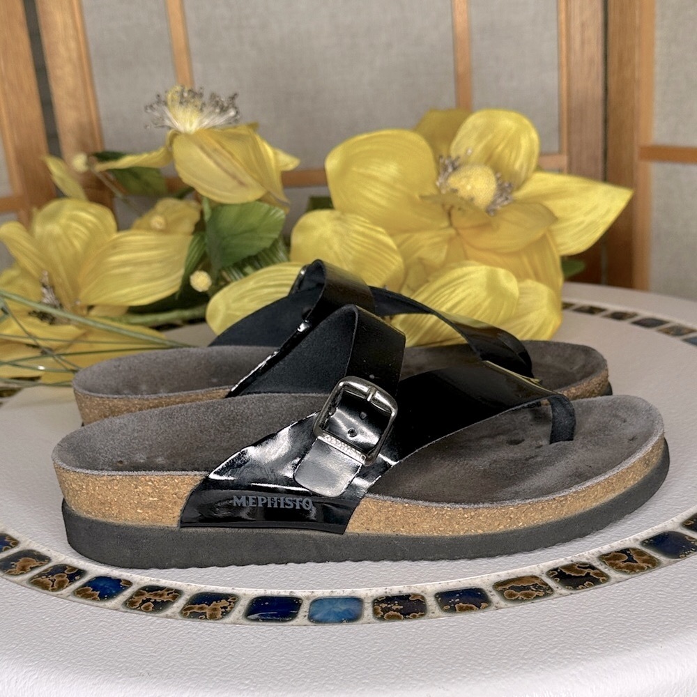 Helen Toe Post Black Ladies Mephisto Sandals made in France size 37 US 7 - Picture 4 of 16